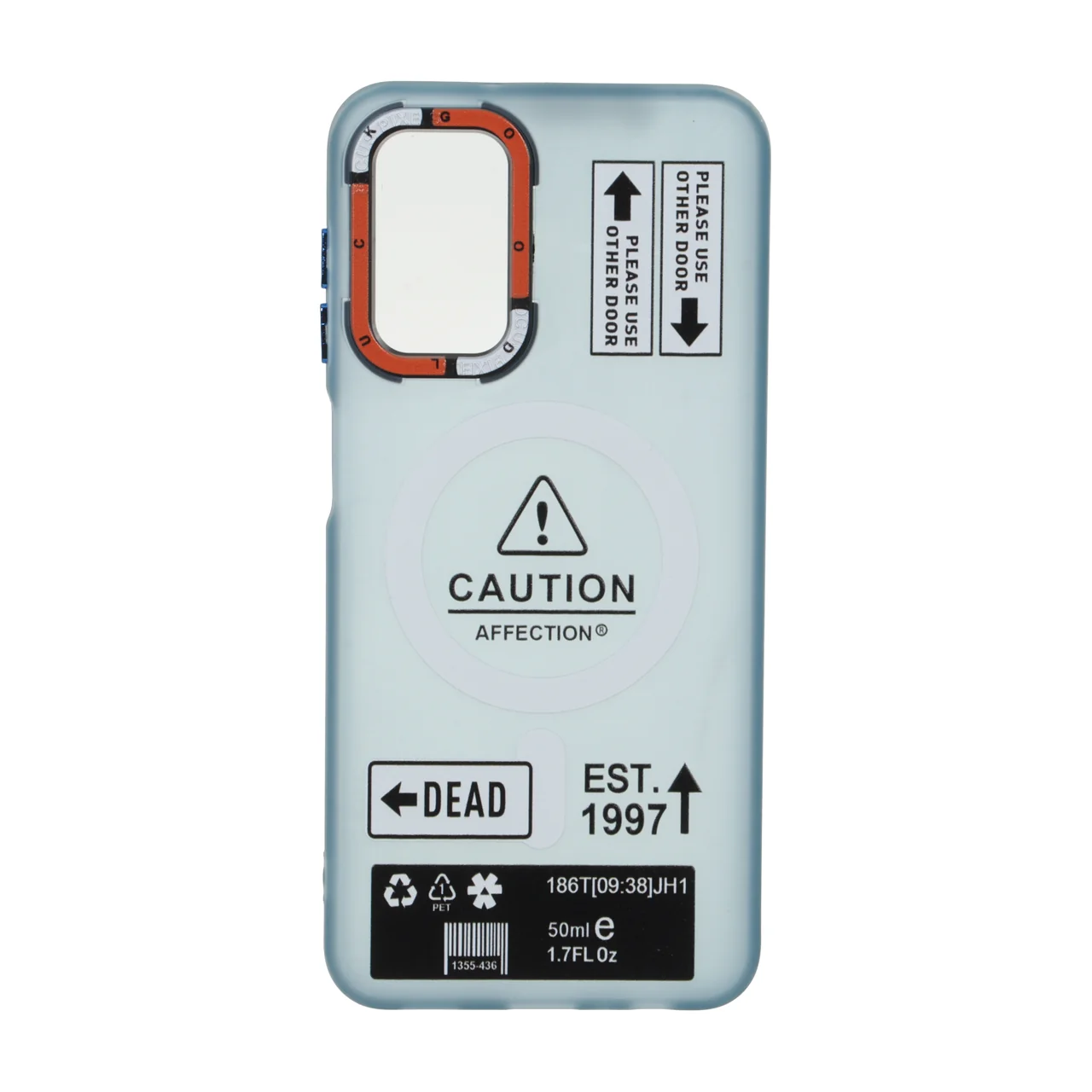 قاب طرح Caution مات مگ سیف دکمه متال آبی مناسب برای سامسونگ گلکسی A13 4G، A13 5G، A04s، M13 4G، M23 و F13
