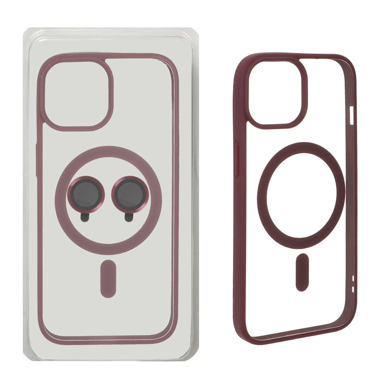 قاب Magnetic شفاف MagSafe با ست محافظ لنز رینگی Apple iPhone 15 / iPhone 14 / iPhone 13 - زرشکی