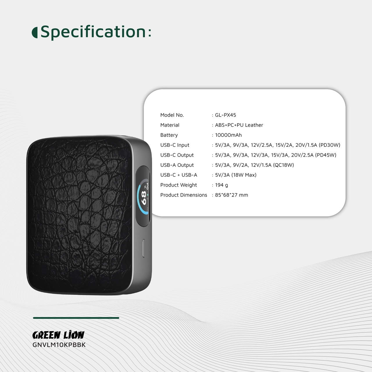 پاوربانک فست شارژ 45 وات Green Lion مدل GNVLM10KPBBK ظرفیت 10000mAh - مشکی