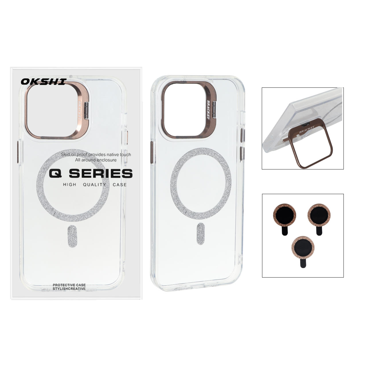 قاب Bracket شفاف Magsafe اکلیلی با ست محافظ لنز رینگی Apple iPhone 13 Pro Max - قهوه ای (پک دار)