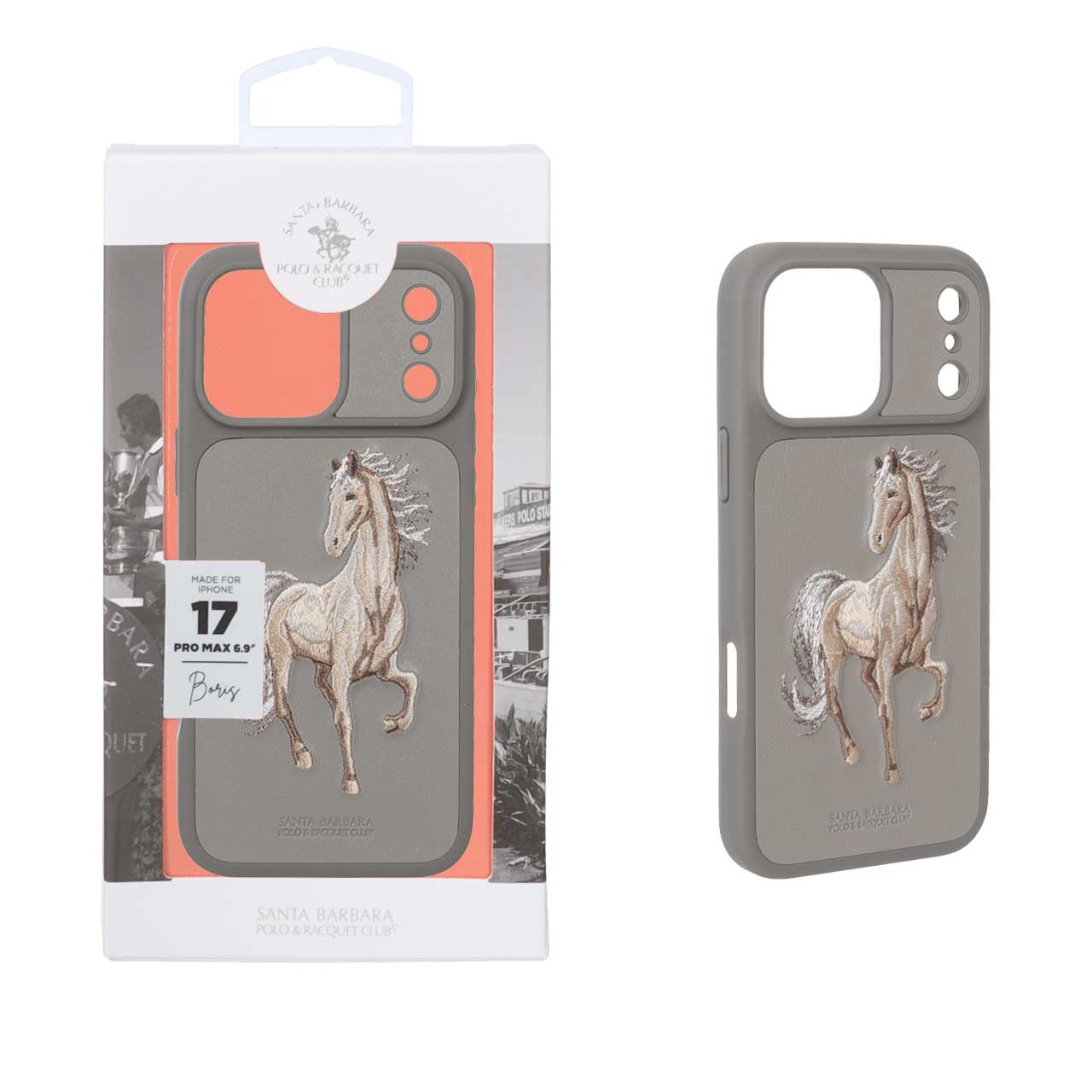 قاب اورجینال Polo Santa Barbara چرمی گلدوزی Apple iPhone 17 Pro Max - طوسی