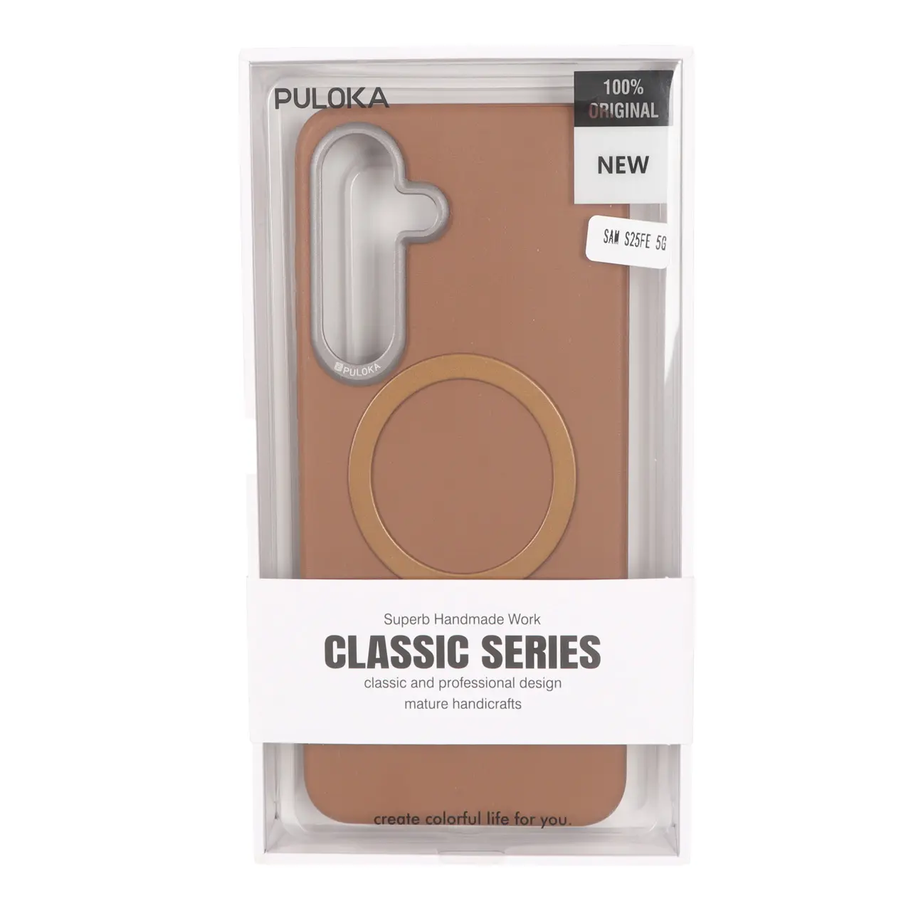 قاب Puloka چرمی Magnet فلزی دور لنز براق Samsung Galaxy S25 FE - قهوه ای (پک دار)