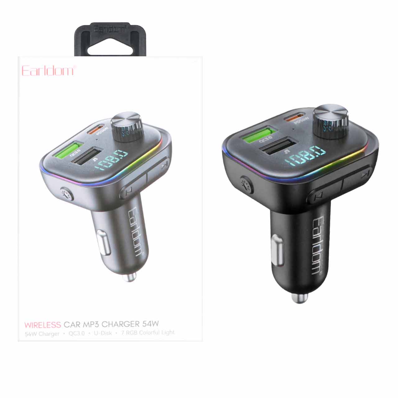 شارژر فندکی Earldom مدل M112 با توان 54W، دارای PD، فست شارژ، دو پورت و گیرنده بلوتوثی FM – رنگ مشکی