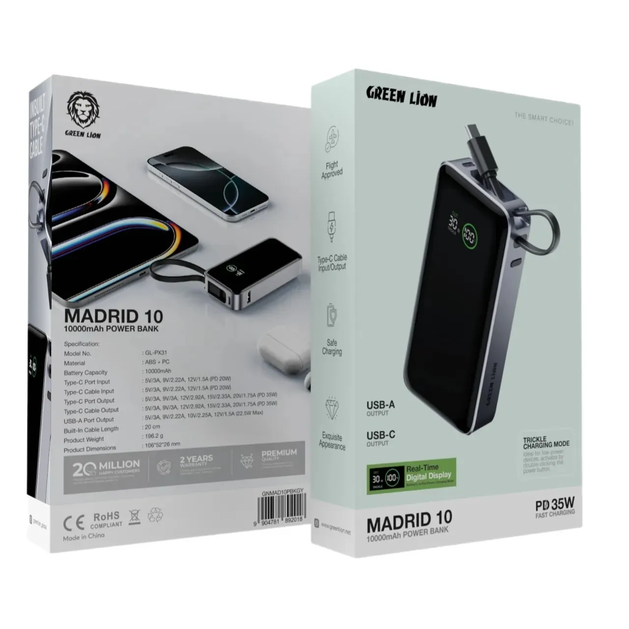 پاوربانک فست شارژ گرین لاین 10000mAh مدل MADRID 10 GNMAD10PBKGY خاکستری 35 وات