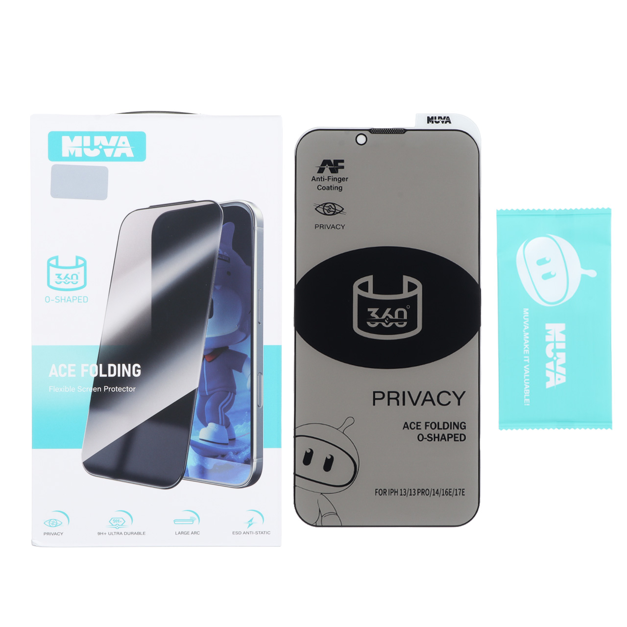 محافظ صفحه نمایش شیشه ای Full Cover MUVA 360 ESD Anti Static Privacy مدل Apple iPhone 13 / iPhone 13 Pro / iPhone 14 / 16e (پک دار)