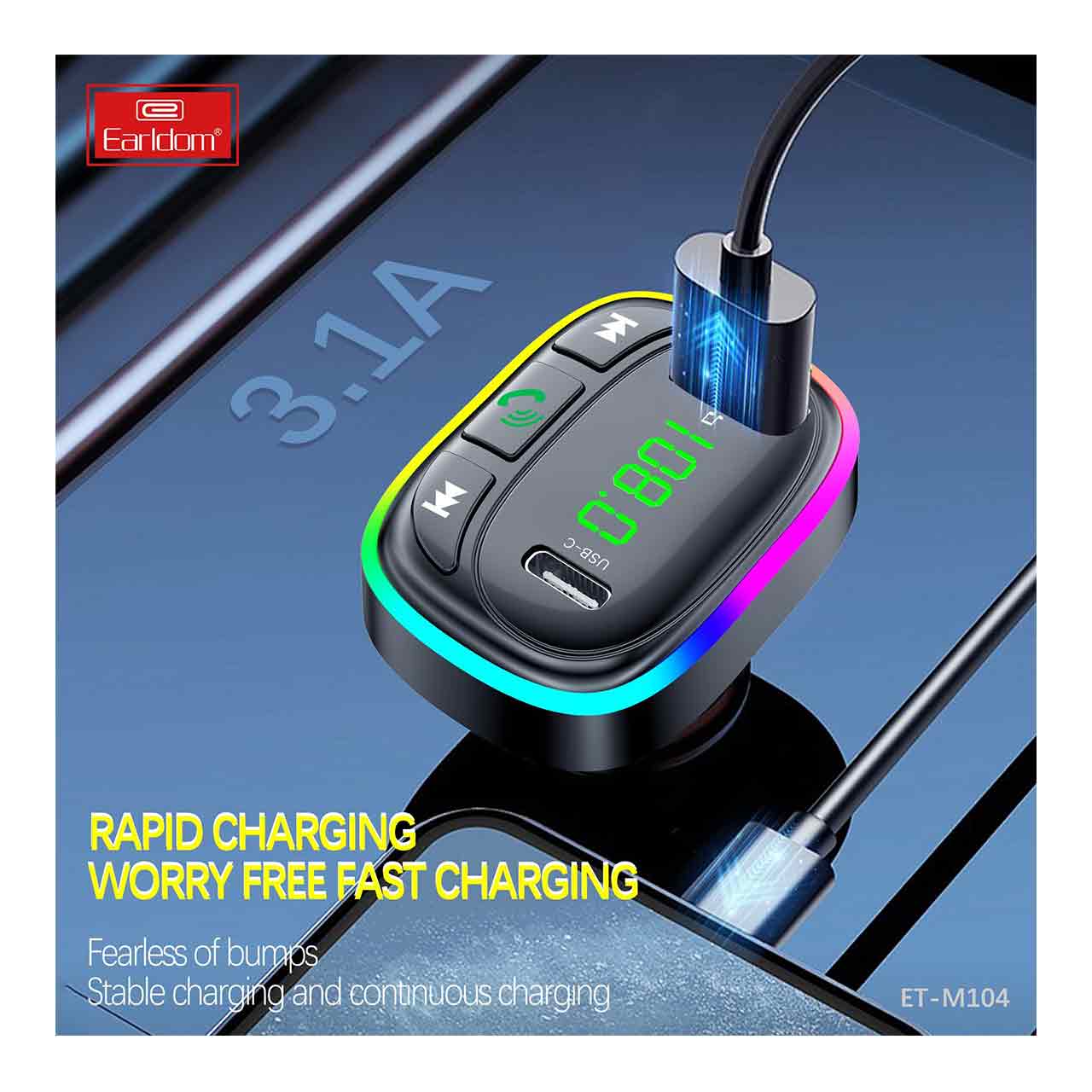 شارژر فندکی خودرو Earldom M104 با دو پورت فست شارژ PD، بلوتوث و FM پلیر