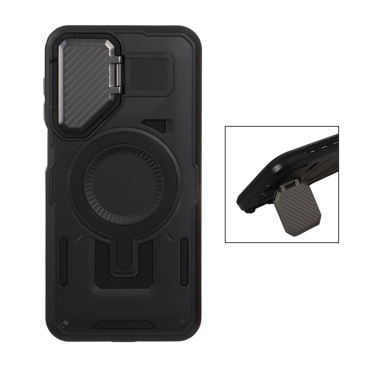 قاب طرح Defender پشت سخت، محافظ لنز و استند فلزی مناسب برای سامسونگ گلکسی A16