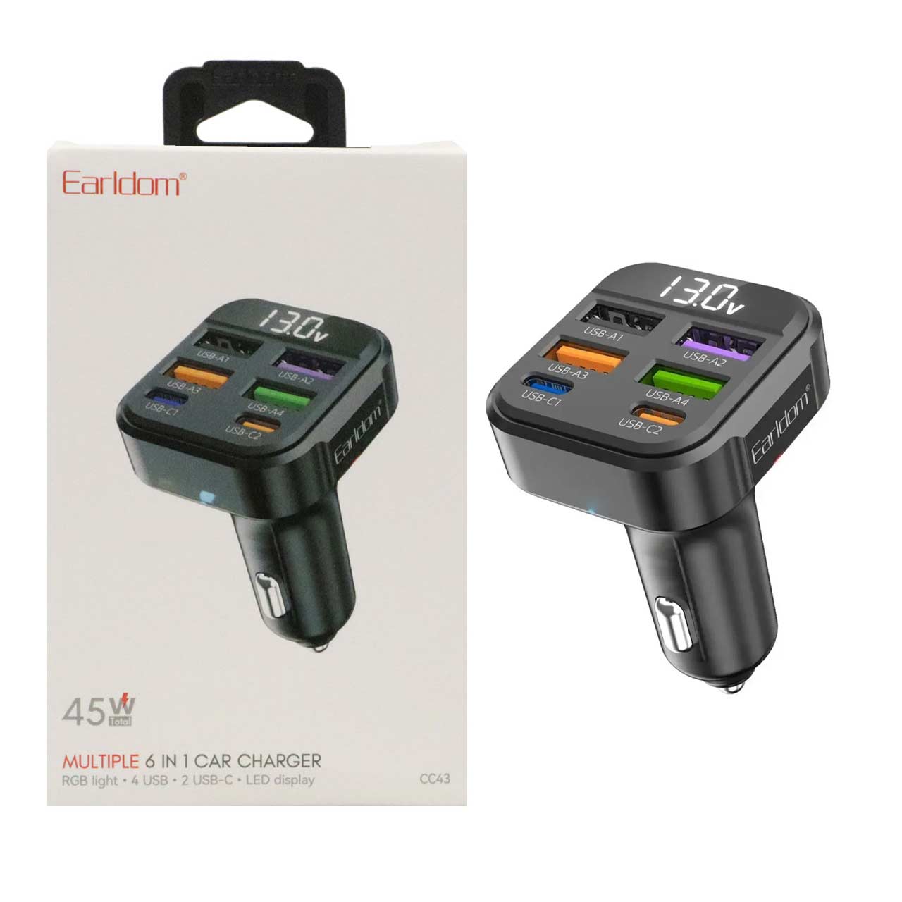 شارژر فندکی فست Earldom مدل CC43 45W - شش پورت مشکی