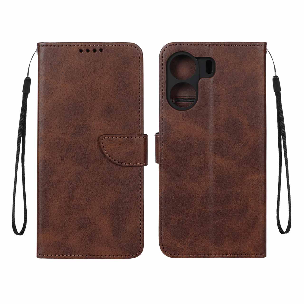 کیف چرمی موبایل مگنتی محافظ لنزدار Xiaomi Redmi 13C / Poco C65 - قهوه ای