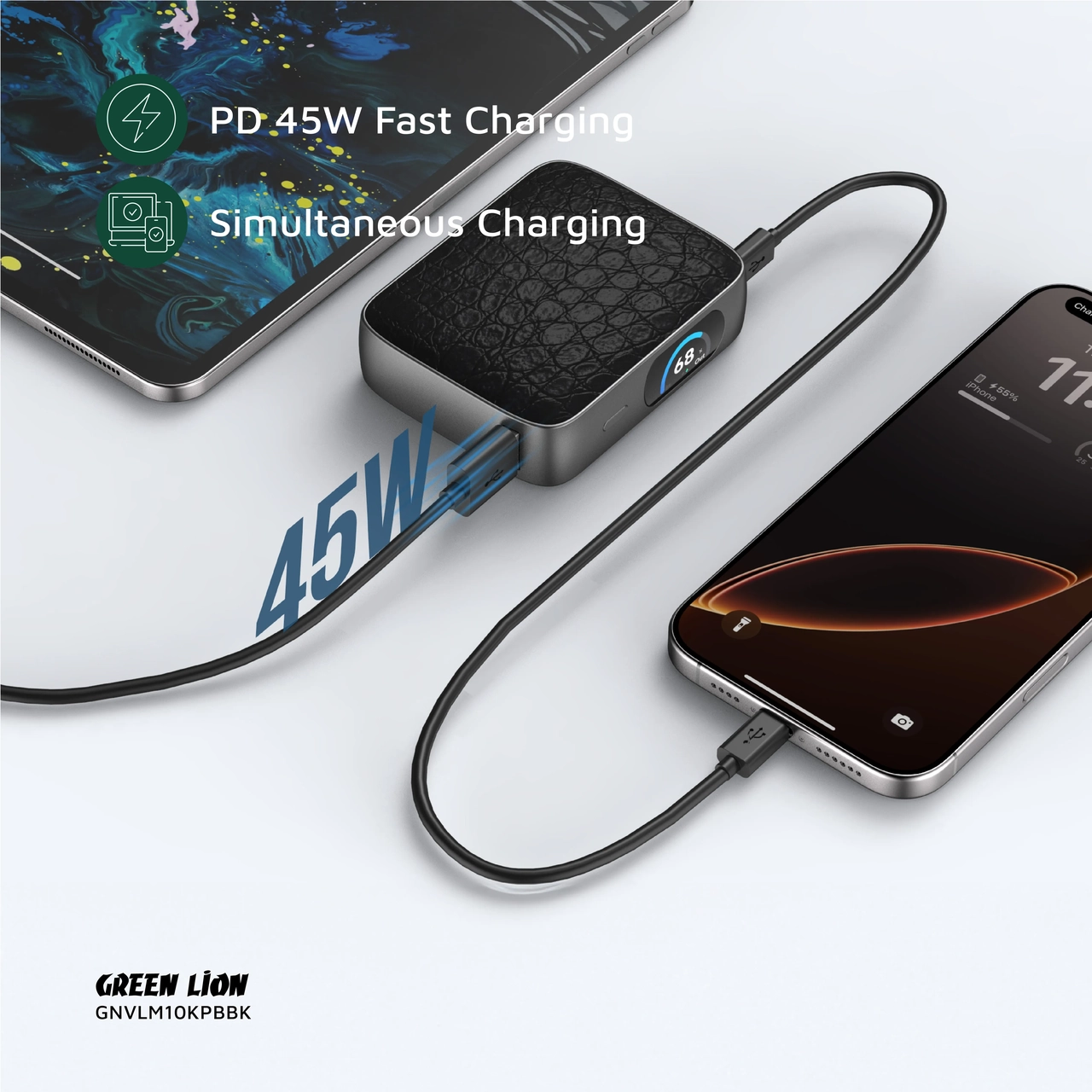 پاوربانک فست شارژ 45 وات Green Lion مدل GNVLM10KPBBK ظرفیت 10000mAh - مشکی