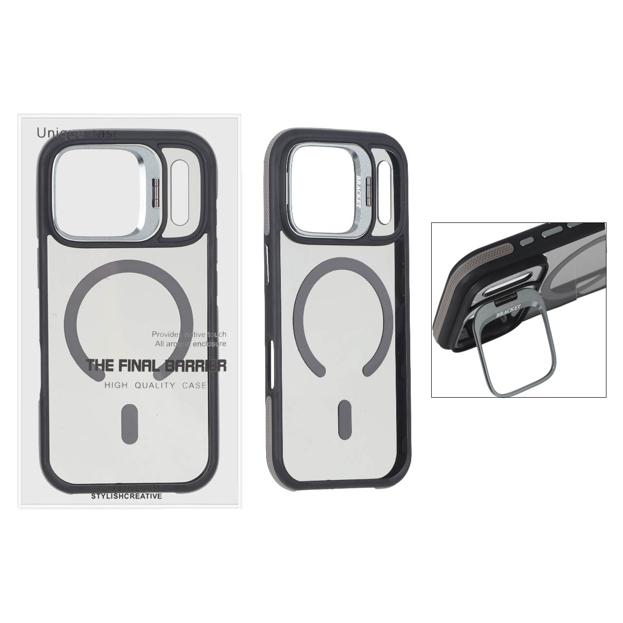 قاب اورجینال Bracket Unique Case مات Magsafe لنز آلومینیومی استندشو Apple iPhone 17 Pro - خاکستری (پک دار)