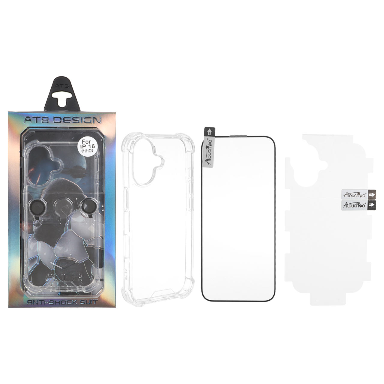 قاب ATB ایربگ دار با ست برچسب پشت و محافظ لنز و صفحه نمایش و کاردک Apple iPhone 16