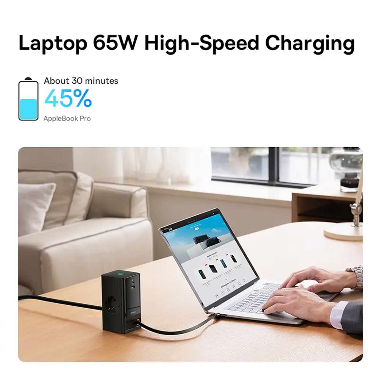 شارژر رومیزی فست چندکاره 65 وات Baseus مدل PowerCombo Tower PowerStrip مشکی با گارانتی آونگ