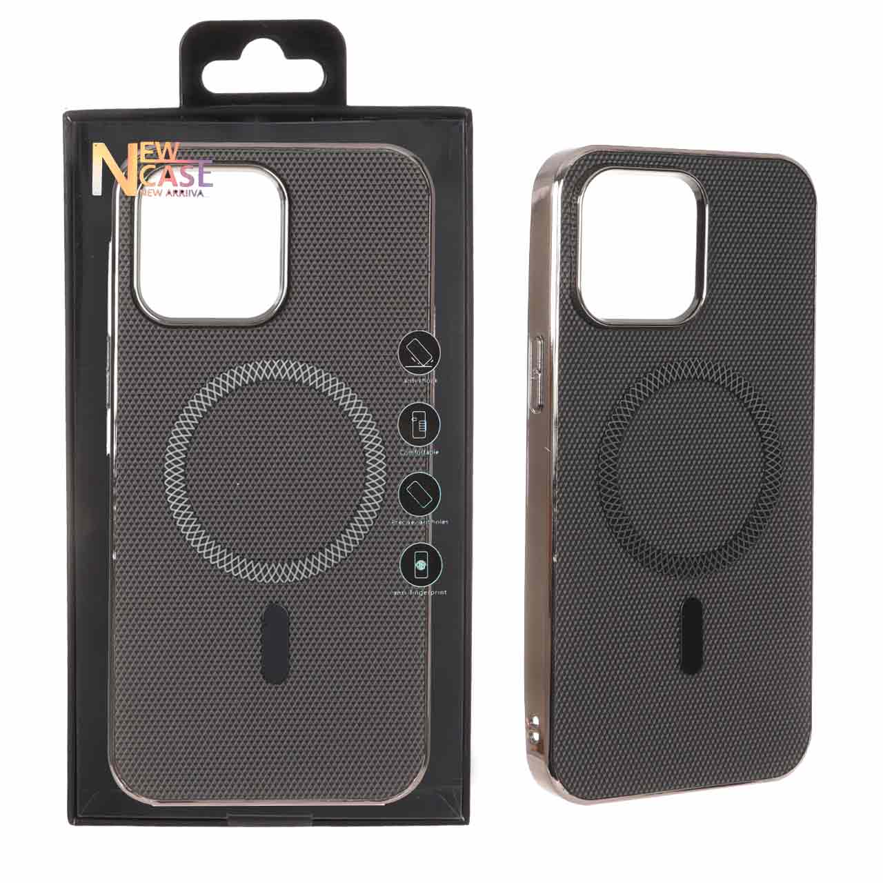 قاب طرح سوزنی مگ سیف فلزی دور براق خاکستری مناسب برای آیفون 14 پرو مکس