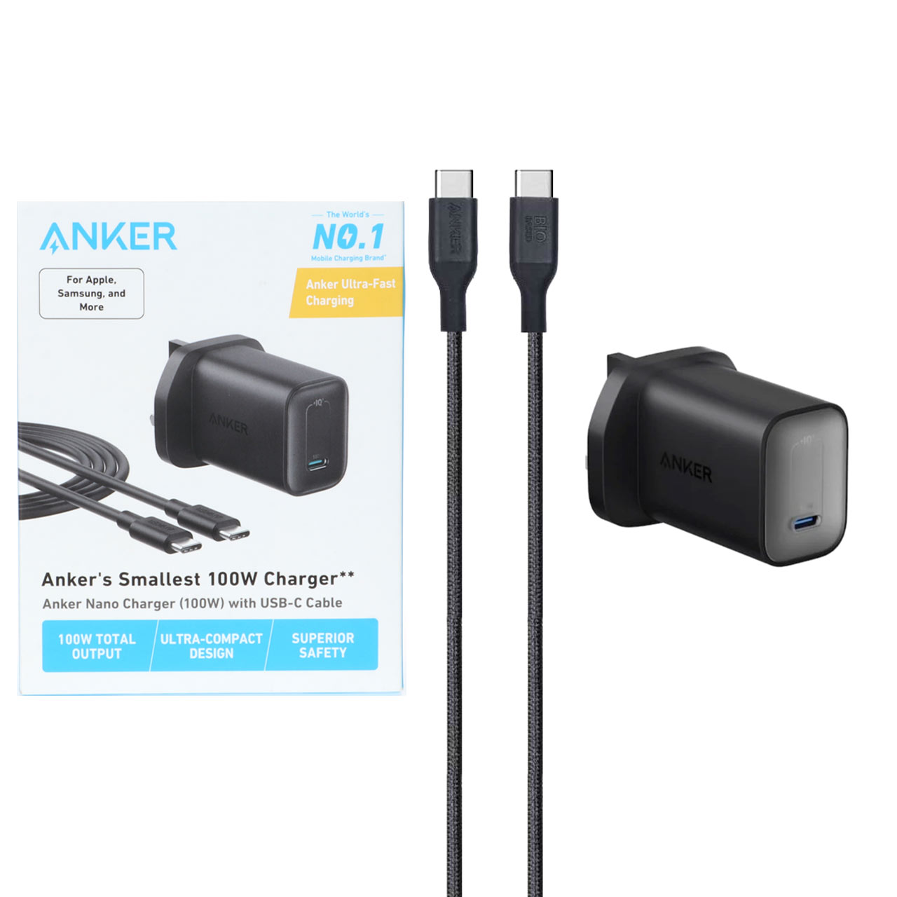 شارژر دیواری 100 وات PD و فست تک پورت ANKER مدل B2679K11 به همراه کابل شارژ Type-C To Type-C
