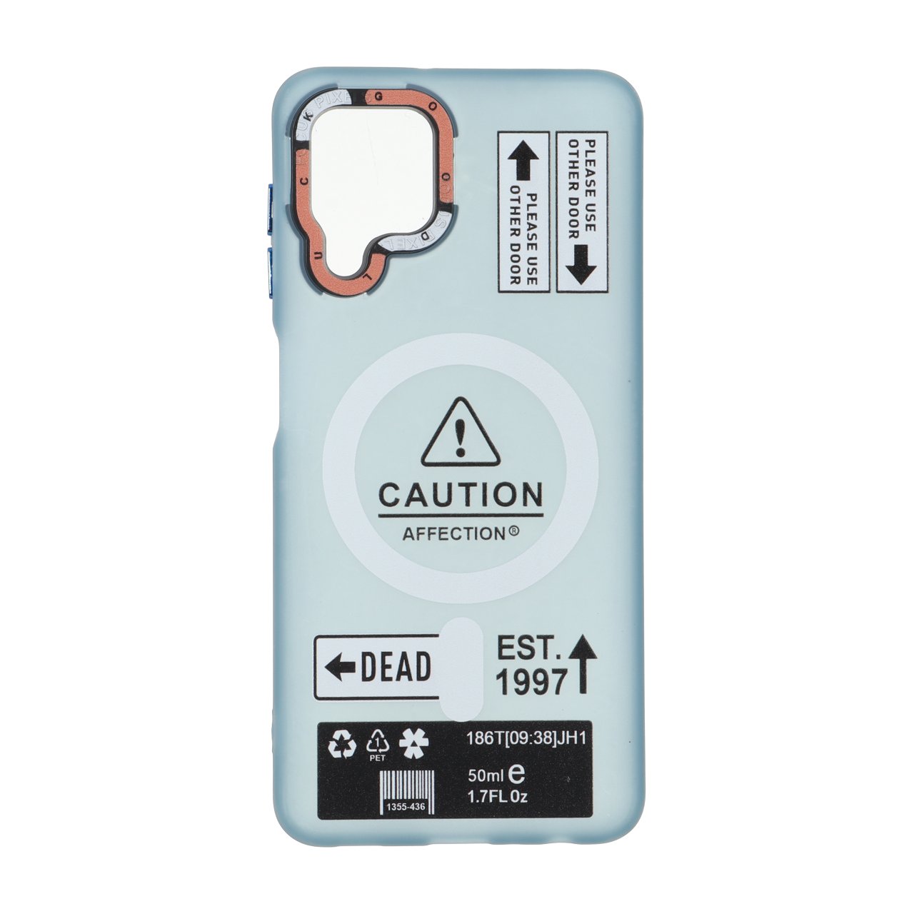 قاب طرح Caution مات مگ سیف دکمه متال آبی مناسب برای سامسونگ گلکسی A22 4G، M22، M32 4G و F22