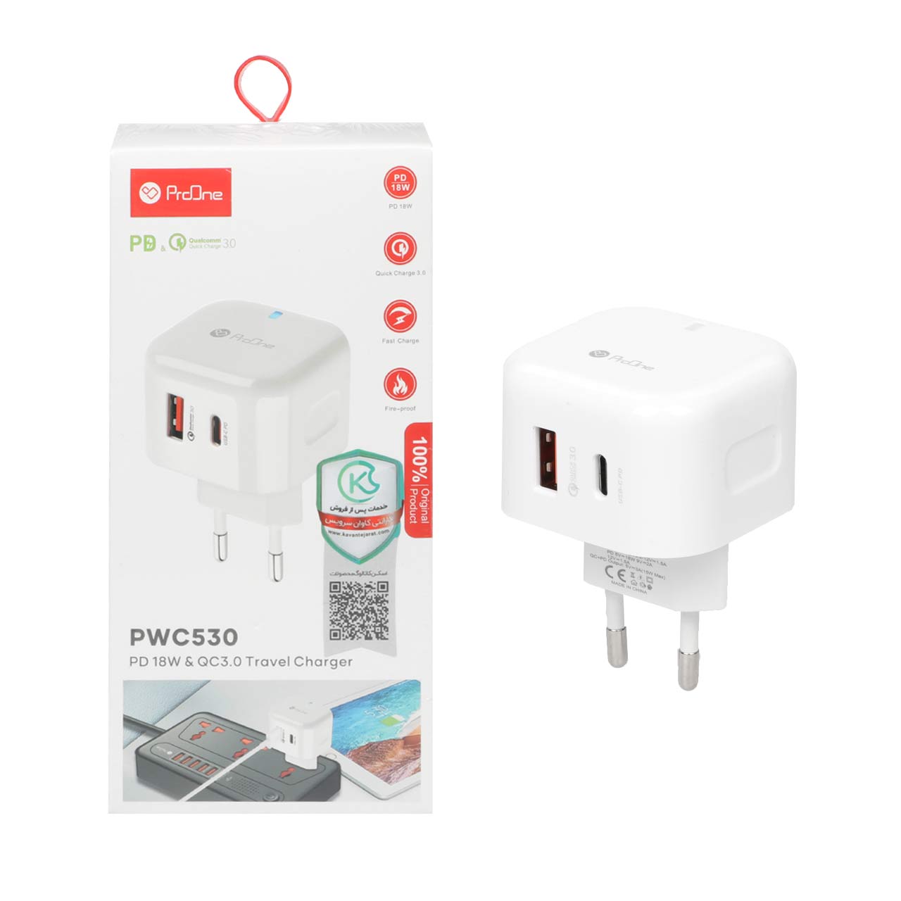 شارژر دیواری 18 وات فست و PD دو پورت ProOne مدل PWC530