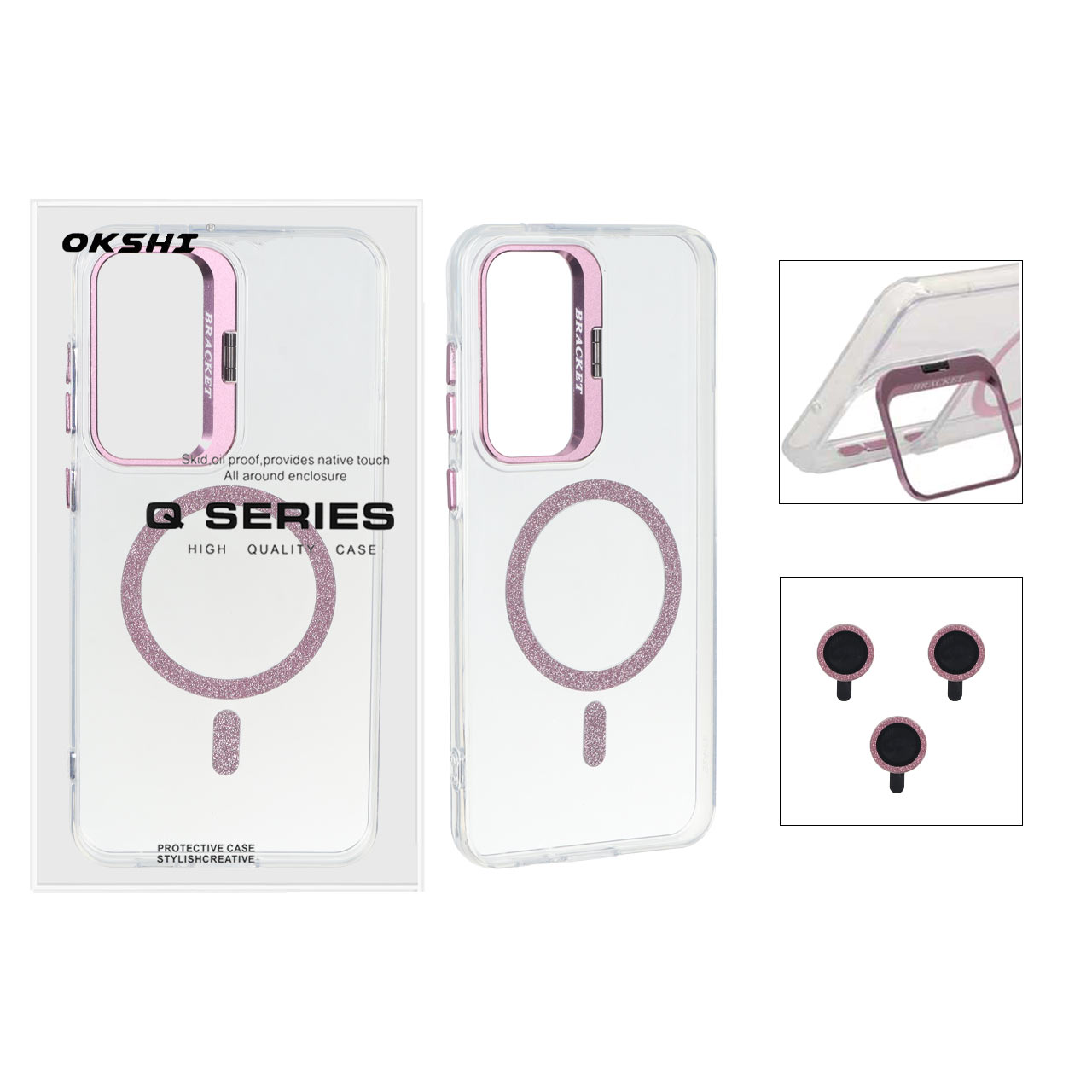 قاب Bracket شفاف Magsafe اکلیلی با ست محافظ لنز رینگی Samsung Galaxy S25 FE - صورتی (پک دار)