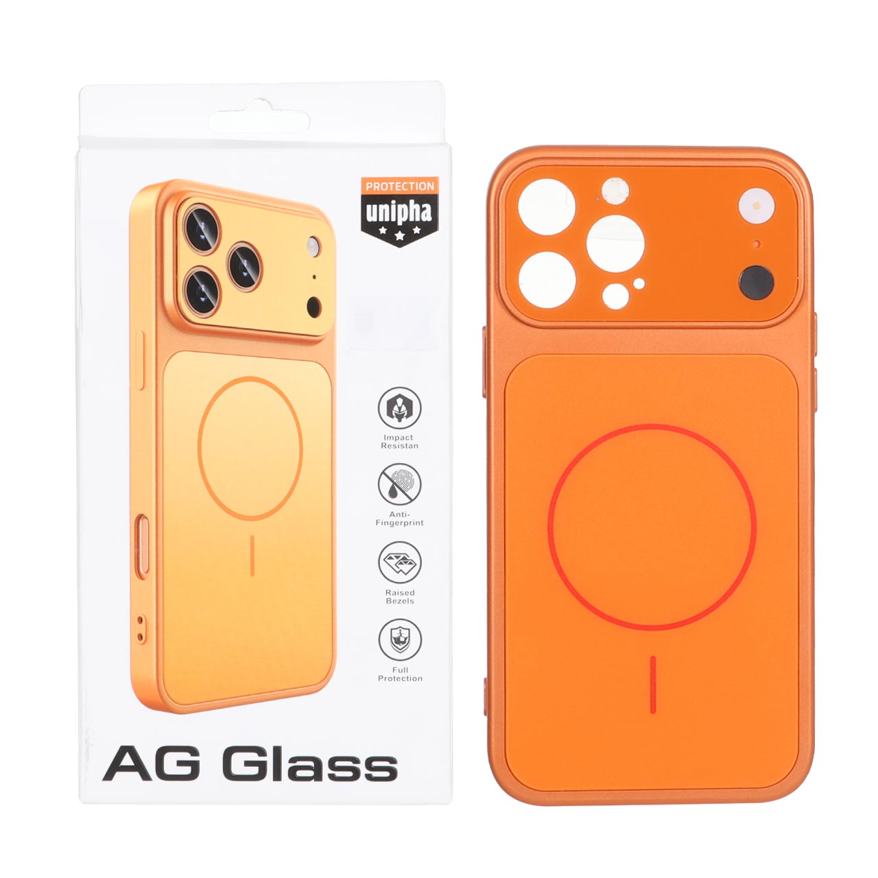 قاب طرح اورجینال AG Glass محافظ لنز برجسته براق مگ سیف نارنجی مناسب برای آیفون 13 و آیفون 14