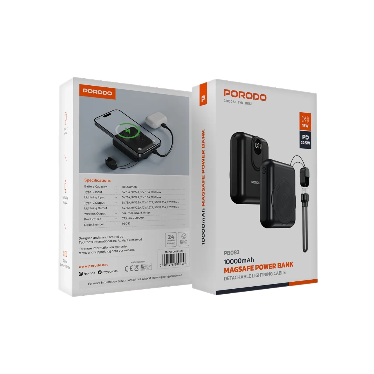 پاوربانک فست شارژ پرودو Porodo 10000 میلی آمپر مدل PD-PBFCH082-BK 22.5W مشکی با پشتیبانی از PD و MagSafe