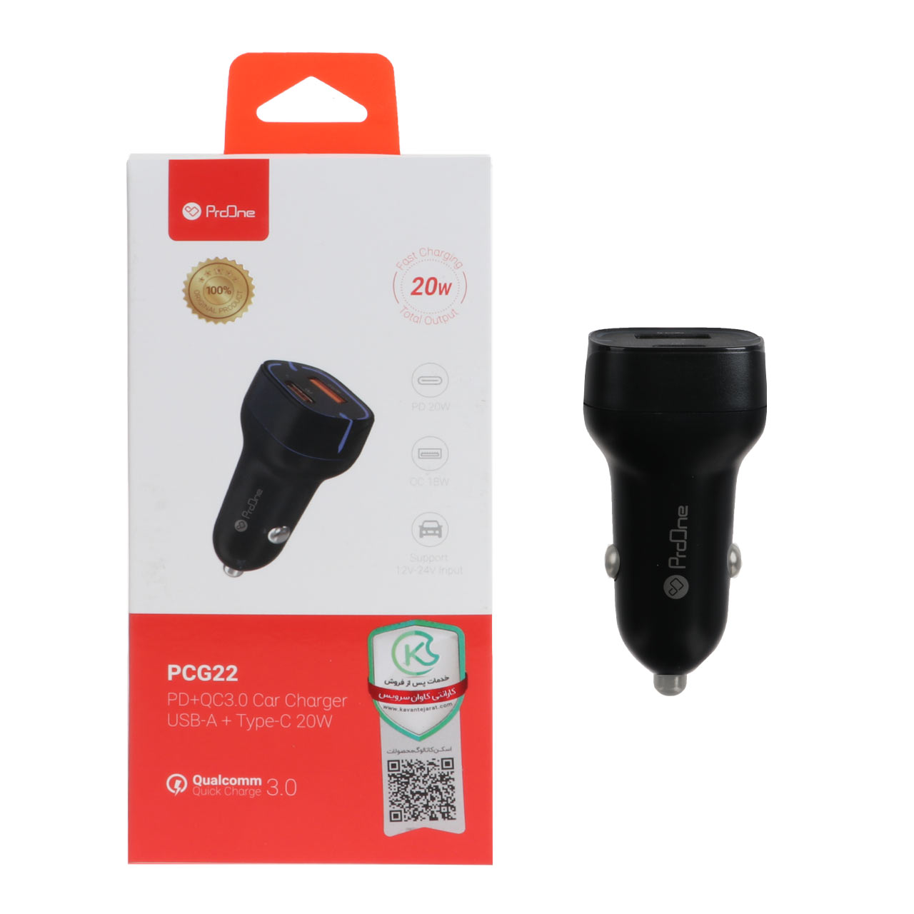 شارژر فندکی 20 وات فست و PD دو پورت ProOne مدل PCG22 