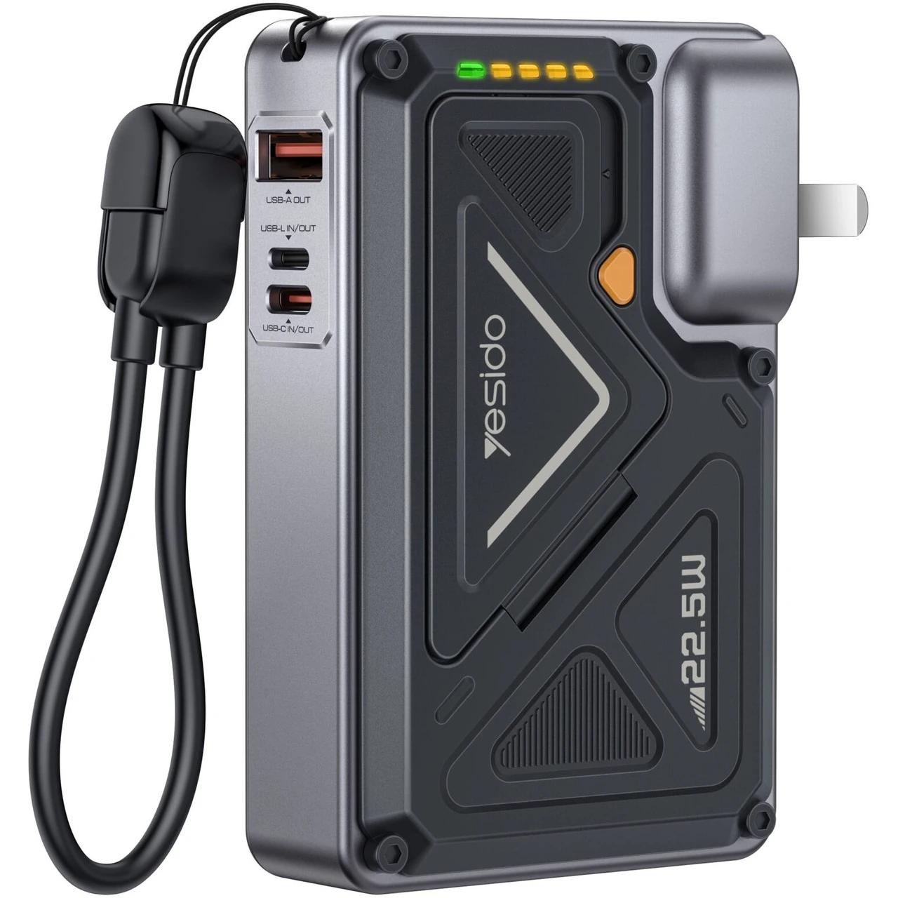 پاوربانک چندکاره Yesido YP89 با ظرفیت 10000mAh، فست شارژ 20W PD و شارژر دیواری - خاکستری