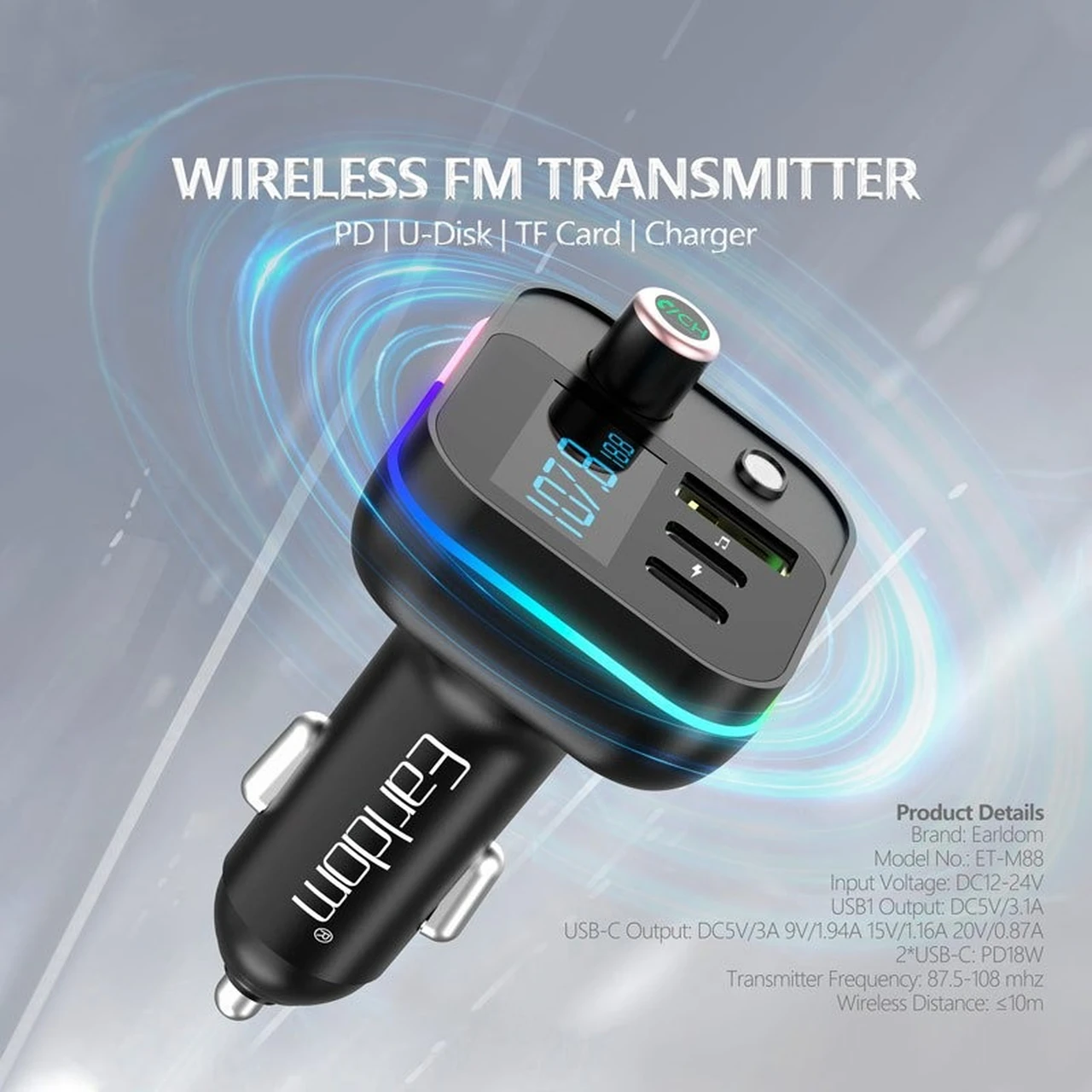 شارژر فندکی Earldom FM مدل ET-M88 با قابلیت PD، فست شارژ، سه پورت و گیرنده بلوتوثی - مشکی